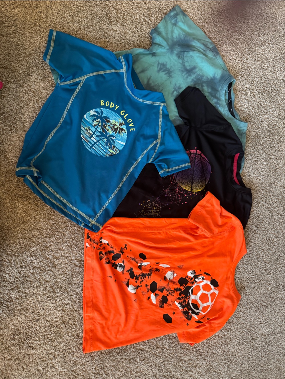 Multiple brand Boys' Short Sleeve Tee shirts - orange, grey and teal.